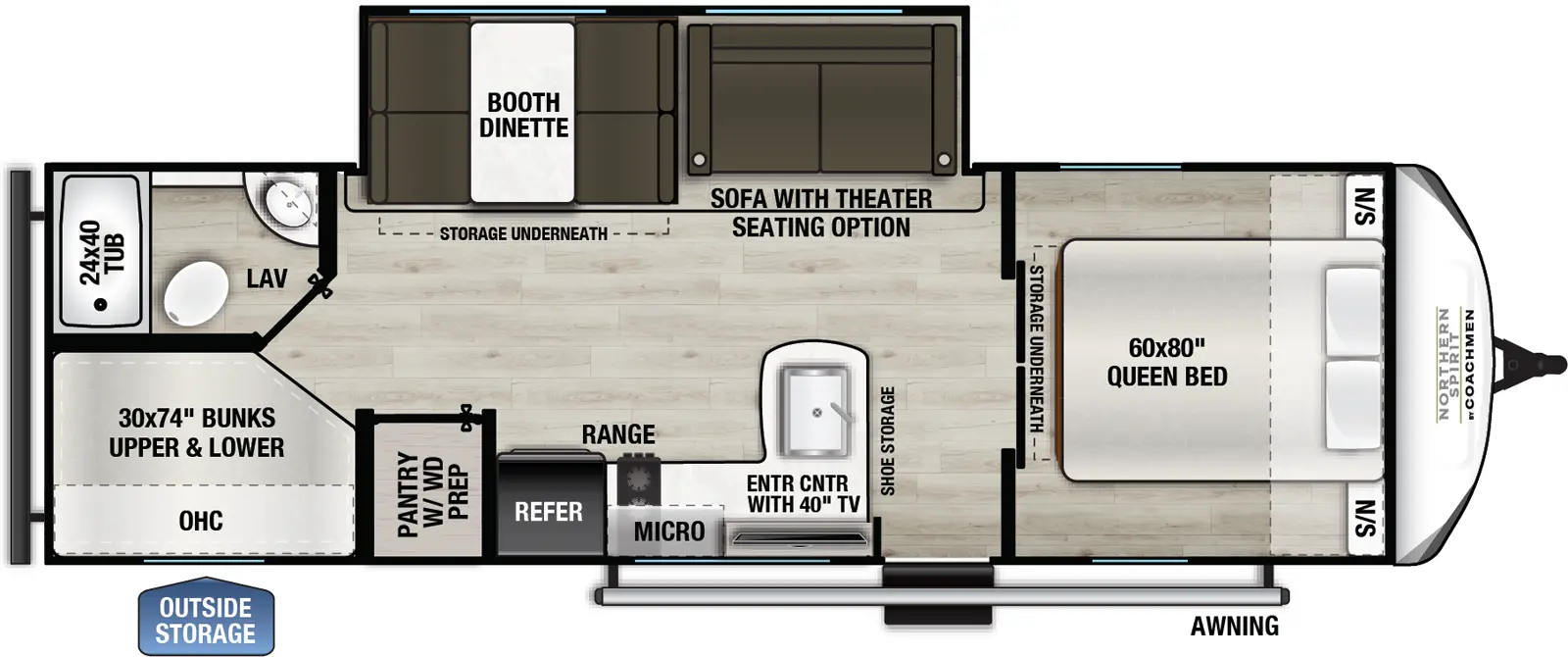 The Northern Spirit SE 26BH floorplan has one entry and one slide out. Exterior features include: fiberglass exterior and 20' awning. Interiors features include: bunk beds and front bedroom.